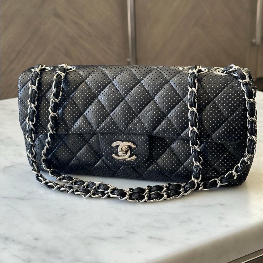 Chanel Quilted Perforated Black Lambskin East West Flap Shoulder Bag